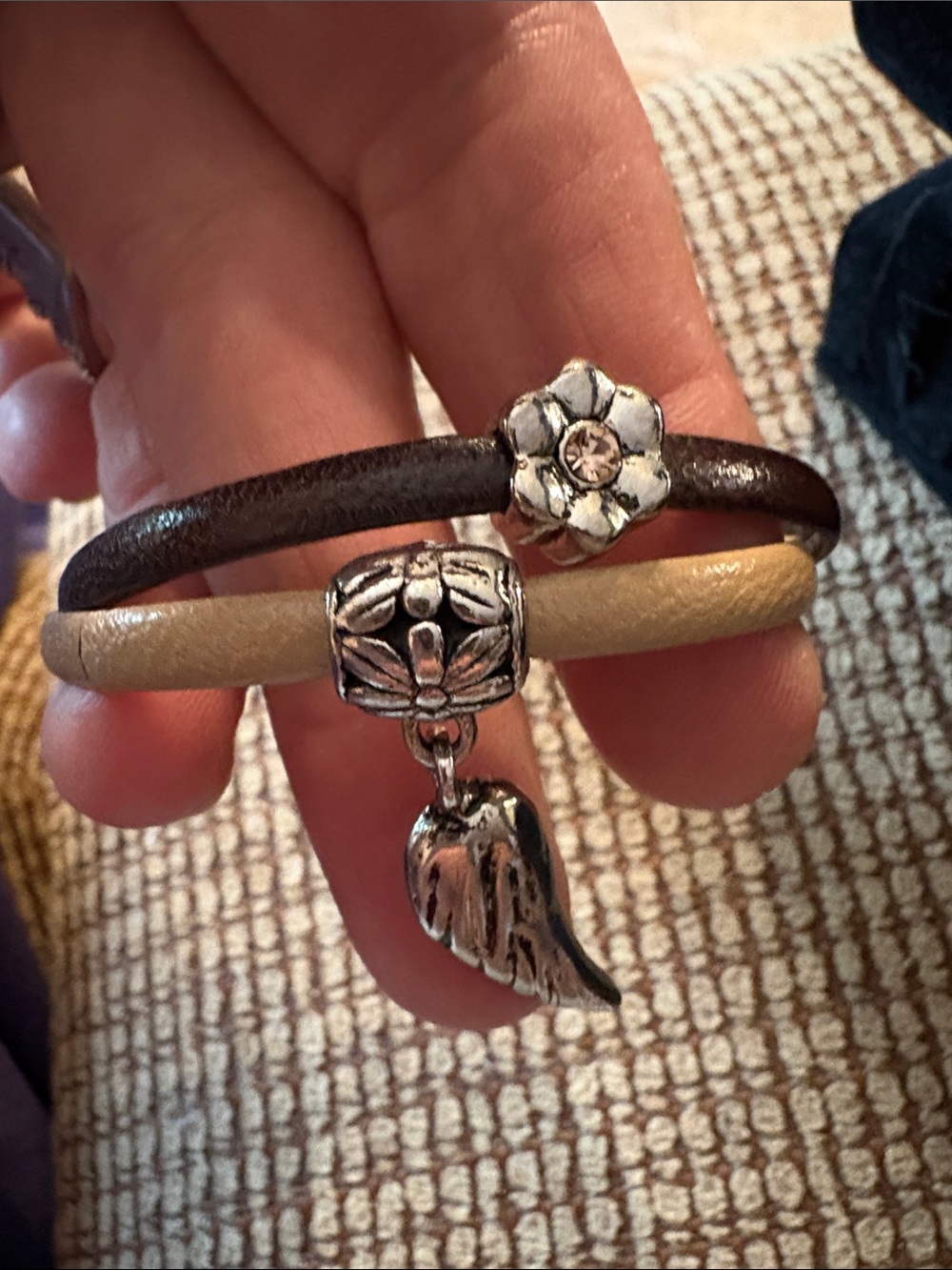Leather Double-Band Bracelet with Silver Flower & Wing Charm - Brown & Cream - Picture 1 of 8
